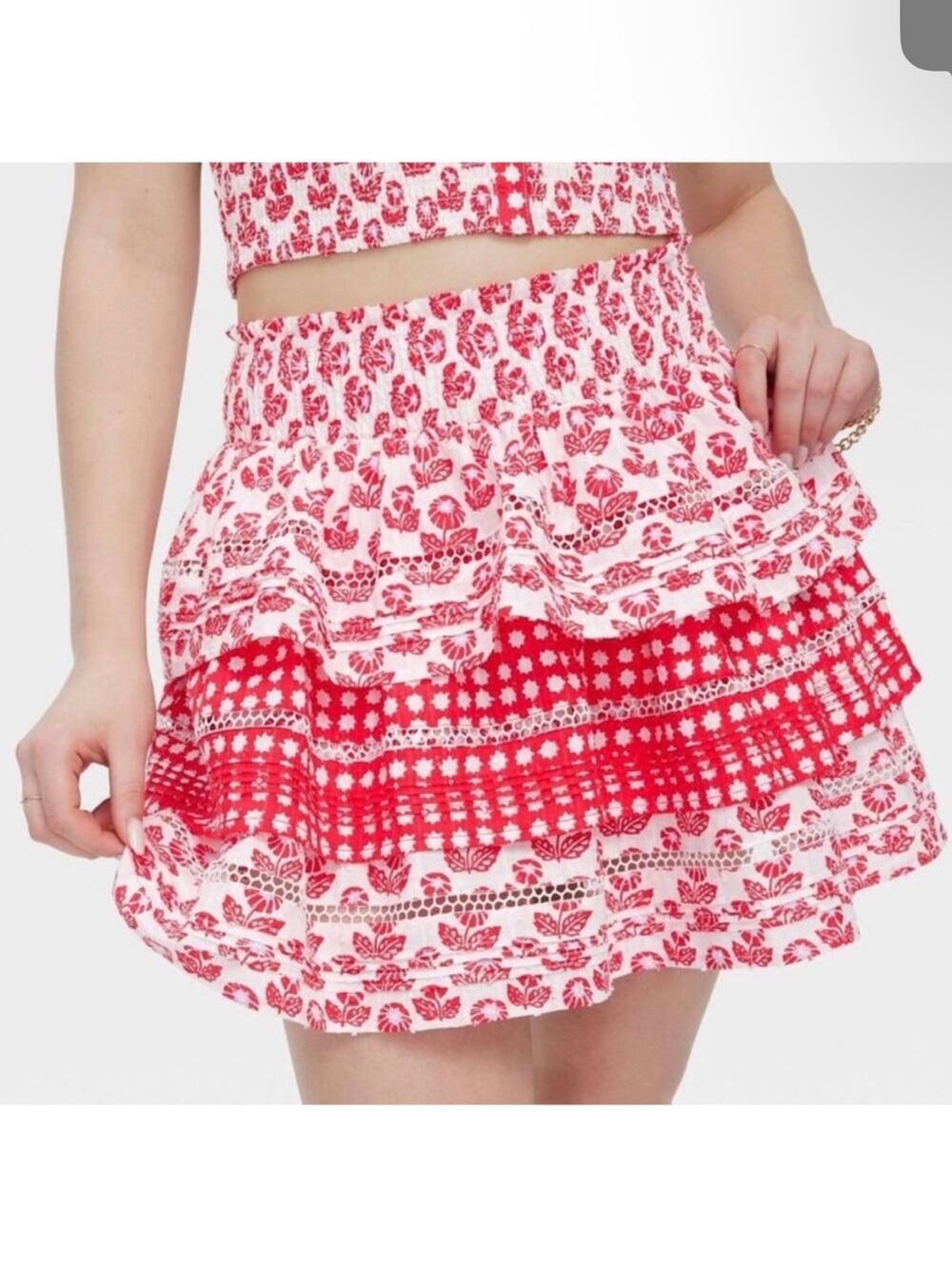 Roller Rabbit Red and White Floral Tiered Mini Skirt